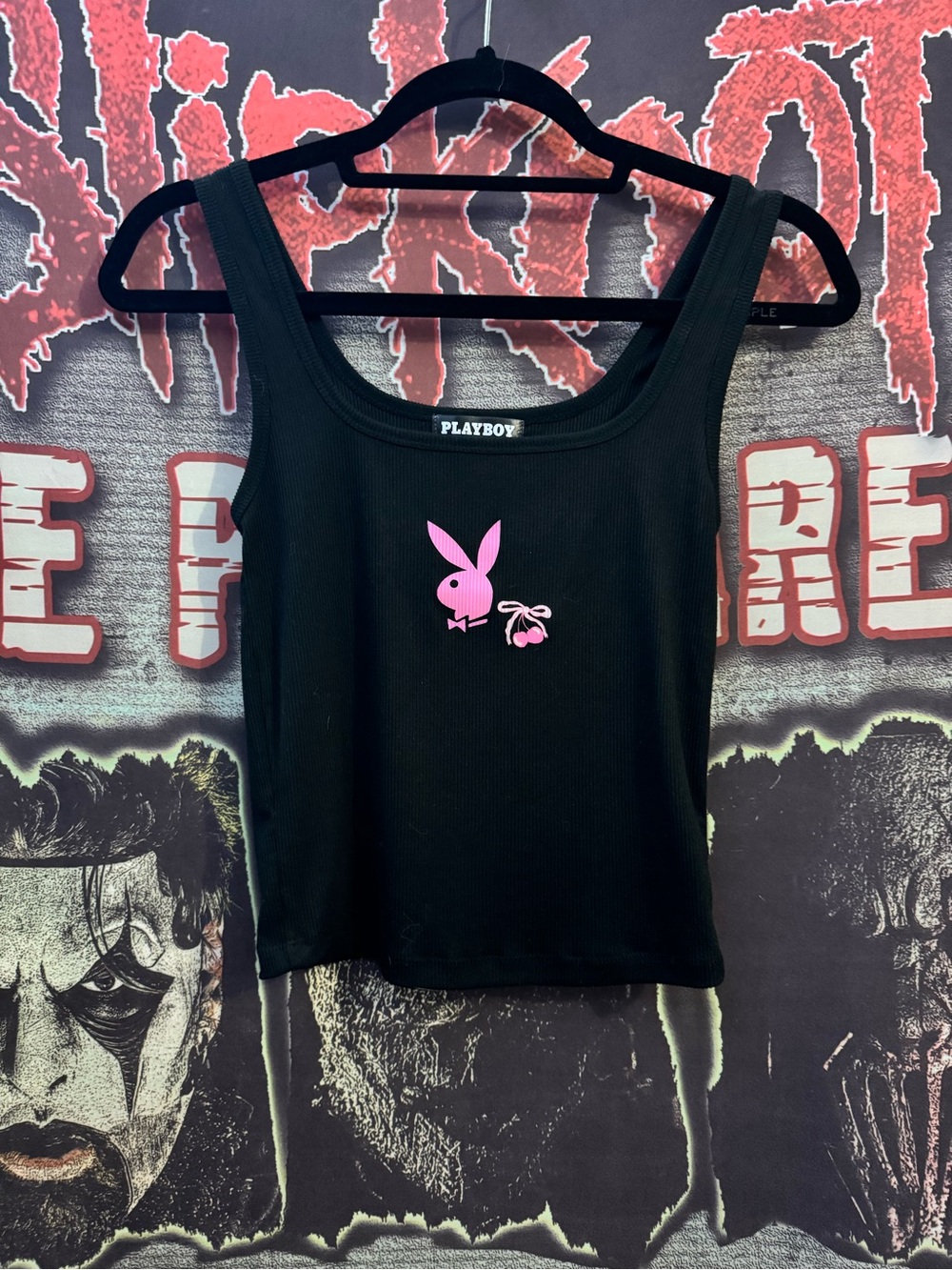 PLAYBOY Black Ribbed Tank with Pink Bunny and Cherry Design